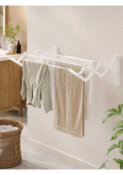 Çamaşır Kurutma Askılığı Katlanır Duvara Monte Balkon Banyo Askılık Duvar Tipi Yer Tasarruflu Kurutmalık 100 Cm Akordiyon Beyaz