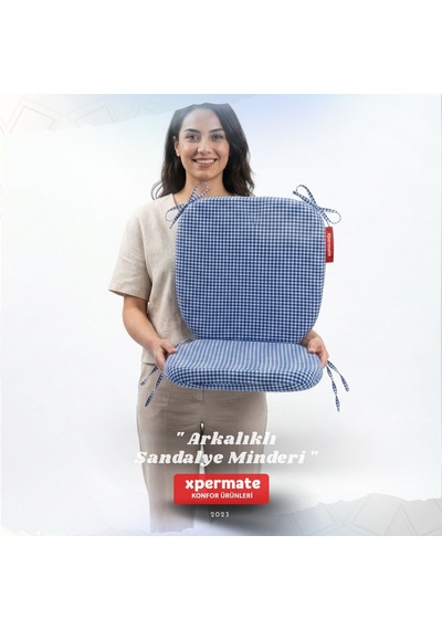 Pötikare Sırtlıklı Sandalye Minderi 42x42 Fermuarlı Yıkanabilir Kılıf Bağcıklı Minder Standart Fit Mavi