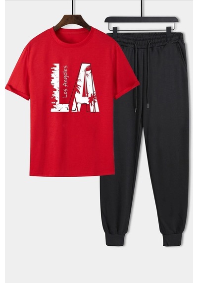Uyguntarz Unisex Los Angles Baskılı 2 Li Eşofman Takımı Kırmızı