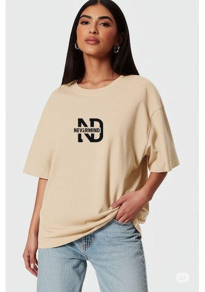 Nevermind Oversize Tişört Kadın "nevermınd" Baskılı Geniş Kalıp T-shirt U Bej