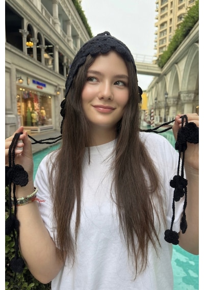 Mollycrush Örgü Yazlık Bere Siyah Çiçek Motifli Hair Band Yazlık Şık Model Siyah
