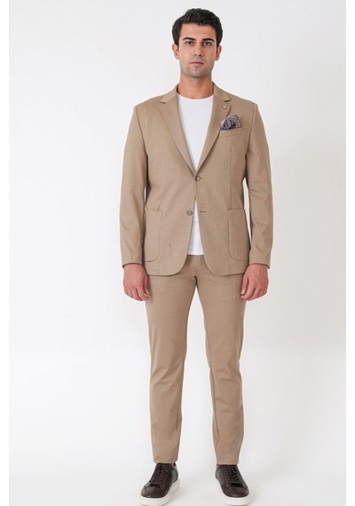 Comfort Fit Çift Yırtmaç Torba Cep Metal Düğmeli Koyu Bej Blazer Ceket C 734