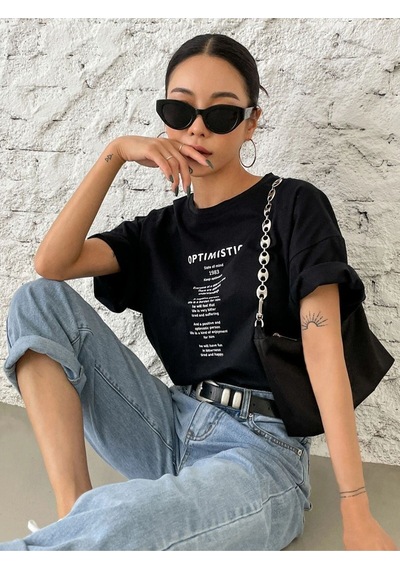 Flood Of Style Kadın Siyah Optımıstıc Baskılı Oversize Bisiklet Yaka Tshirt