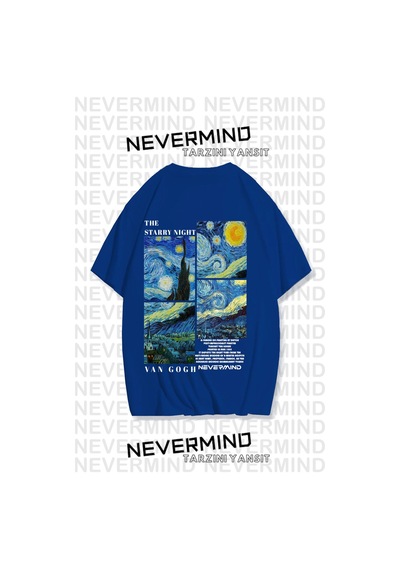 Nevermınd Unisex Van Gogh Baskılı Oversize Tişört Sak Mavi Sak Mavi