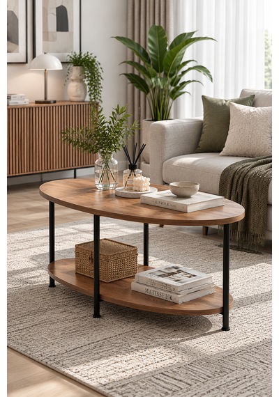 Oval Orta Sehpa 90 Cm İki Katlı Raflı Metal Ayaklı Modern Dekoratif Salon Sehpası Çam