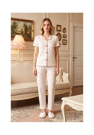 Remsa Kadın Kurdele Desen Kısa Kol Berlin Pijama Takımı 005 Beyaz