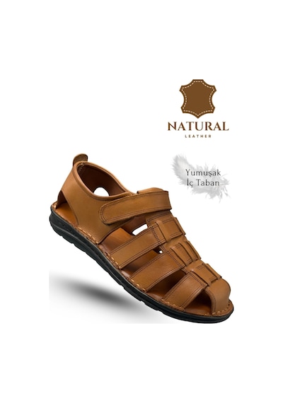 Sermoda %100 Hakiki Deri Burnu Kapalı Erkek Sandalet Taba