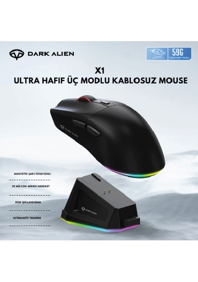 Dark Alien X1 Light Tri Mode Wired Wireless Gaming Mouse Paw3311 59 Gram Şarj İstasyonu Diğer