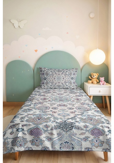 Mavi Etnik Otantik Tek Kişilik Pike Takımı - Bohem Şal Motifli Gri 160x220 Cm Kapitone Yatak Örtüsü Mahmur Sis Kokusu