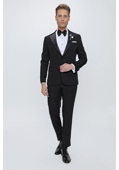 Efor Black 067 Slim Fit Çıkarılabilir Saten Yaka Siyah Damatlık Smokin Takım Siyah