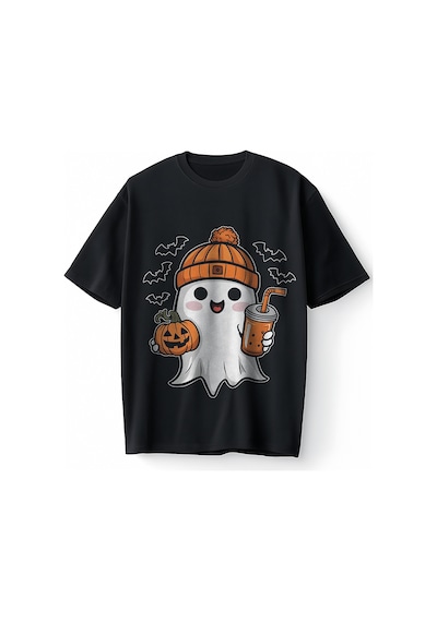 Bumeta Sevimli Hayalet Baskılı Cadılar Bayramı Halloween Oversize Unisex Tişört T-shirt Siyah