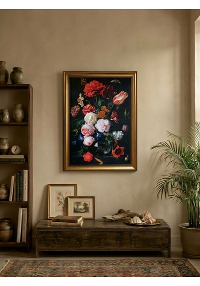 Vintage Gold Çerçeveli Barok Vazoda Çiçek Natürmort Kanvas Tablo Salon Duvar Dekoru 60x80 Cm