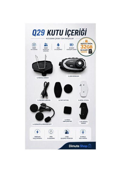 Q29 Motosiklet Kask Intercom Bluetooth Kulaklık 1080p Kamera Ipx6 Su Geçirmez 500m - 887499545