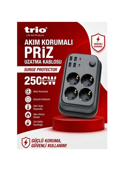 Trio Tr3442 Akım Korumalı 4lü Priz Uzatma Kasblosu 2mt 4usb/2type-c 2