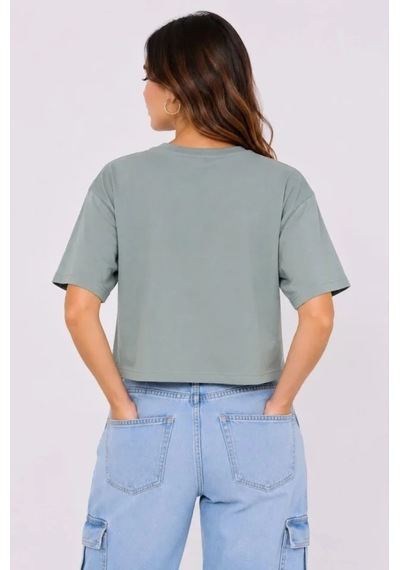 Hazego Kedi Baskılı Oversize Crop Tişört Salaş Basic Yarım Kol T-shirt - Mint Yeşili