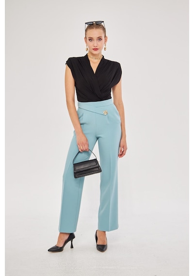 Lovelf Kare Düğme Bol Paça Pantolon Mint Yeşili Mint Yeşili