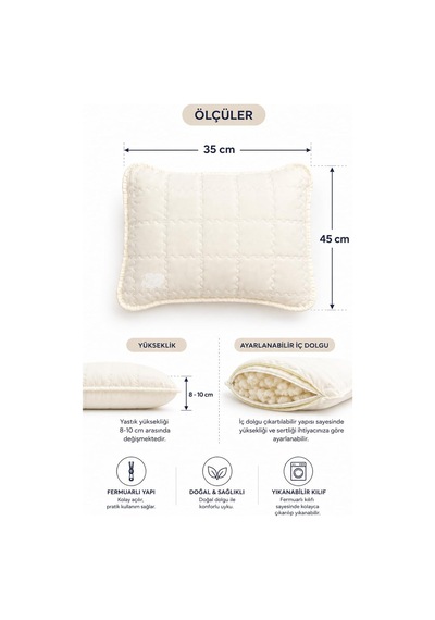 %100 Woolmark Doğal Yün Bebek Uyku Yastığı Tela Çantalı 35x45 CM