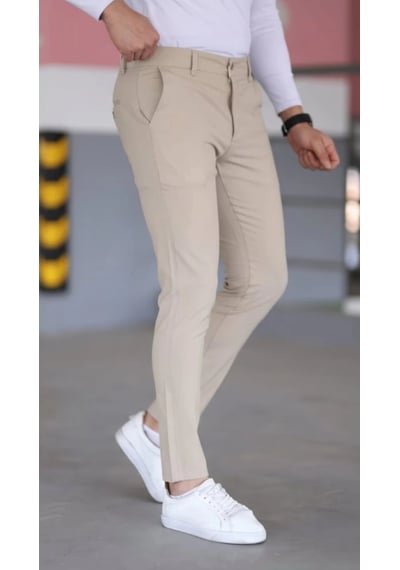 Defymoda Erkek Slim Fit Likralı Gabardin Pantolon Bej