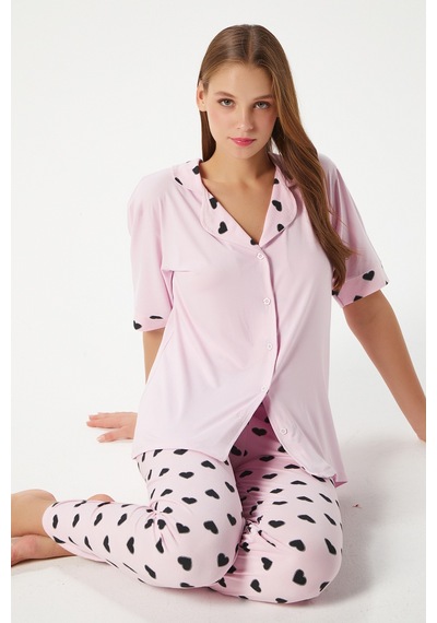 Kadın Lily Yumuşak Doku Pembe Kalpli Ön Düğmeli Kısa Kollu Pijama Takımı Pembesiyah Pembe - Siyah