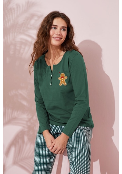 Siyah İnci Düğmeli Pamuklu Örme Pijama Takım 24240143 Yeşil