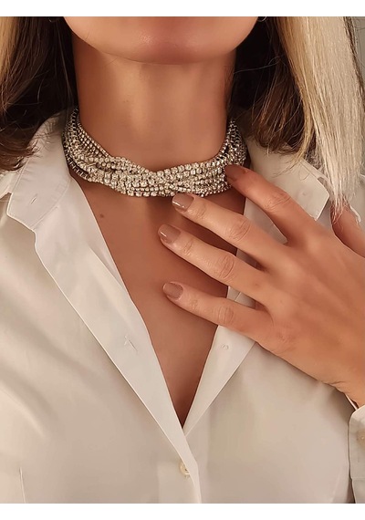 Gümüş Kaplama Taşlı Çoklu Görünümlü Choker Tasma Kolye Silver