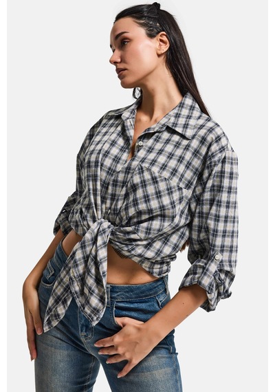 Itsbasic Kadın Siyah Beyaz S6 Ekose-27 Oversize Koton Gömlek