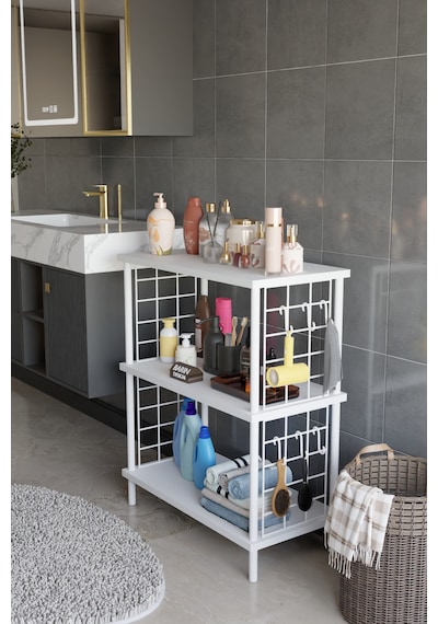 3 Raflı Çevir Tak Beyaz Telli Metal Gövdeli Çok Amaçlı Banyo Rafı Ve Organizer Raf Banyo Dolabı Beyaz