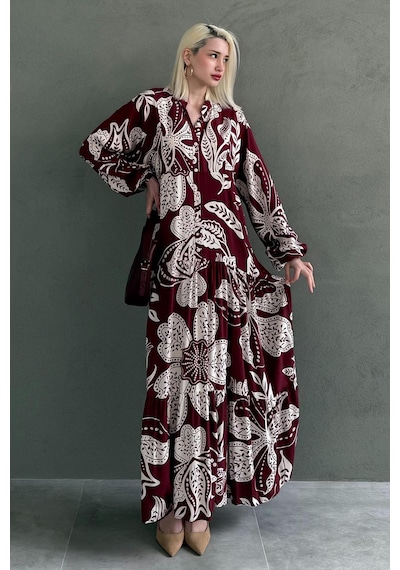 Madmext Bordo Desenli Düğmeli Uzun Kollu Elbise Mg2397 Bordo