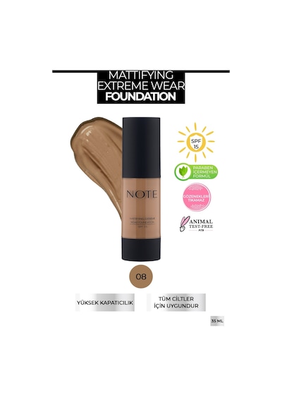 Note Cosmetics Mattifying Extreme Wear Mat Bitişli SPF 15 Kapatıcı Fondöten 08 Sunny