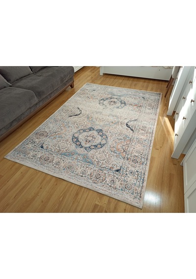 Eskitme Madalyon Desenli Krem Ve Mavi Vintage Salon Halısı - 11643ou Krem - Mavi