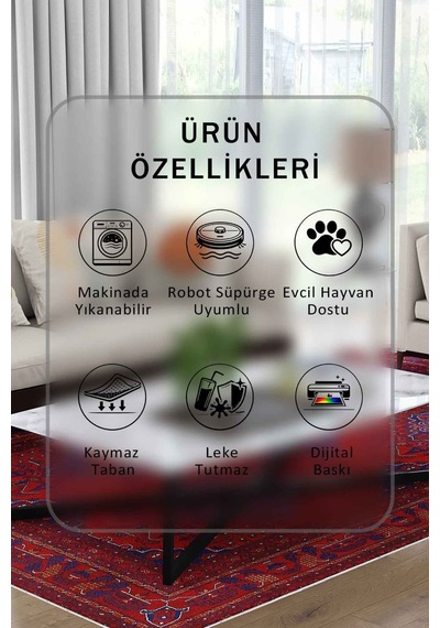 Yıkanabilir Kaymaz Taban Dijital Baskılı Halı Ve Yolluk Leke Tutmaz Salon & Mutfak Halısı - 0612 Bordo