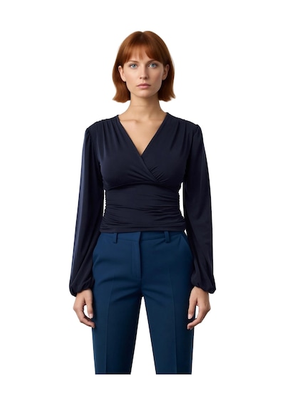 Ersefa Stil Kadın Animal Baskı Yeşili Büzgü Drape Detaylı Kollu Esnek Bl Lacivert