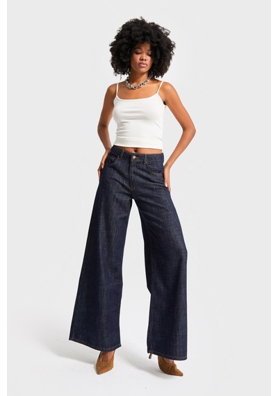 it's basic Kadın İndigo Renk 7w5-50 Palazzo Fit %100 Koton Dökümlü Kumaş Denim Jean