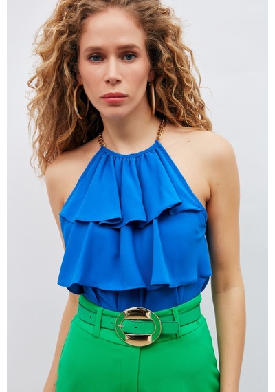 Sateen Zincir Detaylı Volanlı Bluz - Sax Mavi