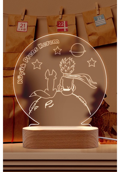 Küçük Prens Kişiye Özel Led Gece Lambası Masif Ahşap Tabanlı Usb Kablolu Pleksi Led Gece Lambası