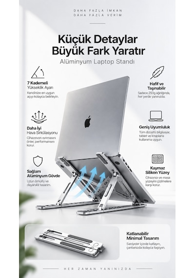 Alüminyum Katlanabilir Laptop Standı 7 Kademeli Yükseklik Ayarlı Dizüstü Bilgisayar & Tablet Tutucu