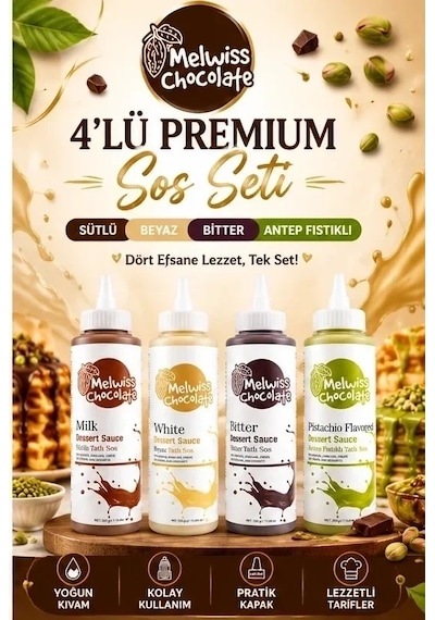 Melwiss Chocolate 4 Lü Premium Tatlı Sos Seti Sütlü Beyaz Bitter Antep Fıstıklı 330 Gr X 4