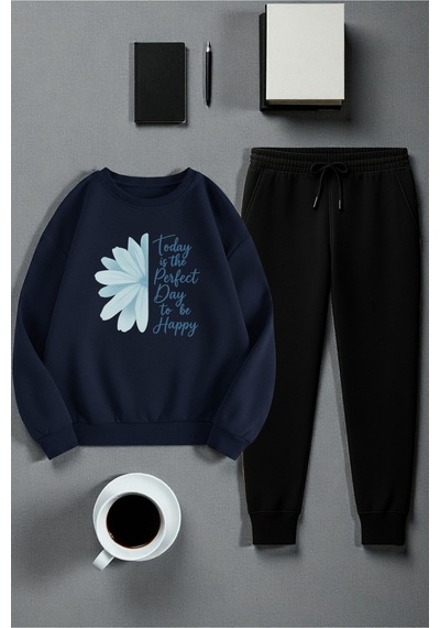 Uyguntarz Unisex Today İs The Perfect Tasarım Basklı Bisiklet Yaka Sweatshirt - 2'li Eşofman Takımı Lacivert