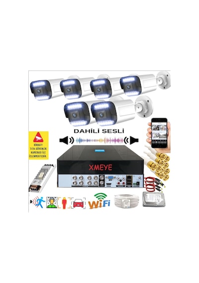 6 Kameralı Set - Yapay Zeka Özellikli Gece Renkli Sesli FullHD 5Mp Lensli 12 Warm Ledli Güvenlik Kamerası Seti 312WS-9008