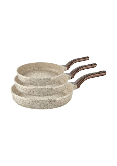 Wave - 3738 - 3 Parça Biogranit, Döküm, Grill Özellikli, Ergonomik Saplı, Tava Seti Kum Beji