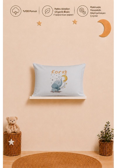 İsme Özel Erkek Bebek Yastık Kılıfı 35x45 Cm %100 Pamuk Organik Baskılı İsimli Bebek Hediyesi 2068y