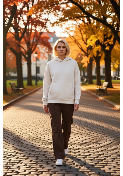 Benerly Kadın Kapüşonlu Düşük Kol Geniş Kalıp Örme Sweatshirt Fonksiyonel Bej