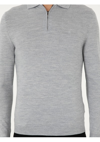 Cacharel Gri Regular Fit Yün Karışımlı Fermuarlı Polo Yaka Basic Triko Kazak