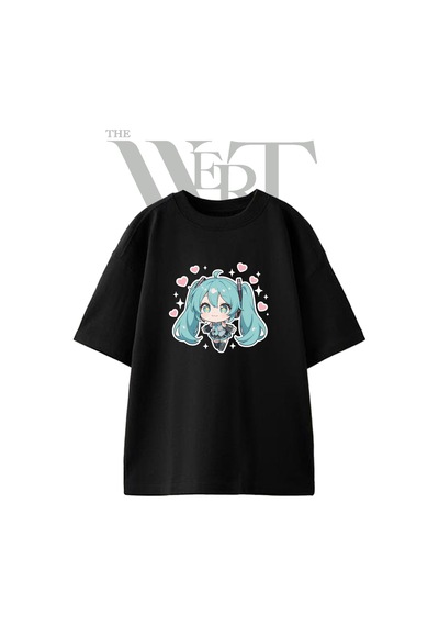Thewert Hatsune Miku 4 Tasarım Baskılı Ünisex Siyah Oversize T-shirt