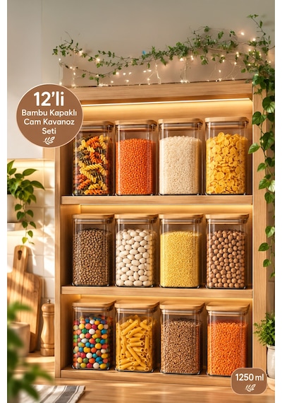 Porsima 6-4 Bambu Vakumlu Kapaklı Kare Borsilikat Cam 12li Kavanoz Seti Saklama Kabı 1250ml 9,5x15cm