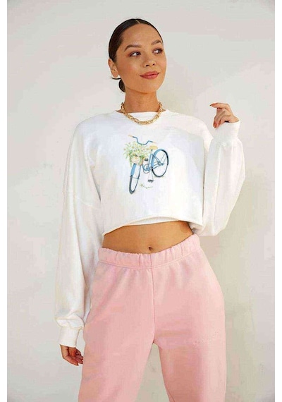 Watercolor Bicycle Baskılı Crop Kadın Beyaz Sweatshirt (534800849)