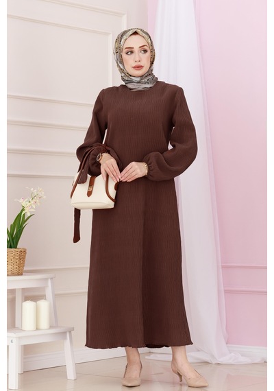Sevitli Beli Kuşaklı Luna Tesettür Elbise-kahverengi-4887 Kahverengi