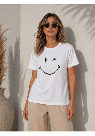 Defymoda Minimal Gülümseyen Yüz Baskılı Tişört Kısa Kol Yazlık T-shirt - Beyaz