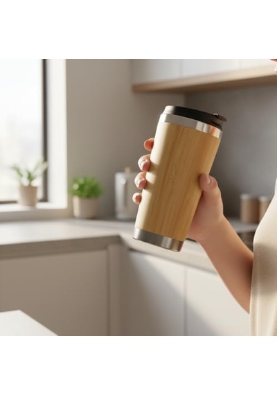 450 Ml Bambu Kaplama Tabanlı Çelik Termos - Sıcak Ve Soğuk Tutucu Gümüş Renkli Seyahat Bardağı Mug Açık Beyaz