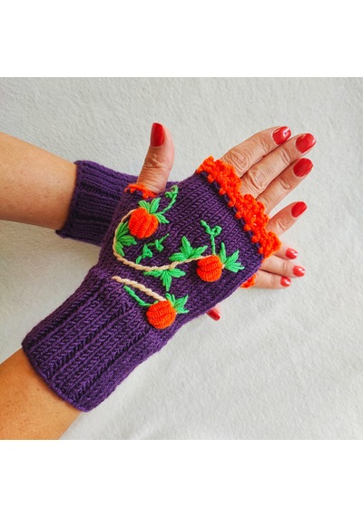 Newdaycraft El Örgüsü Motifli Parmaksız Eldiven / Bileklik - Halloween Mor Koyu Mor